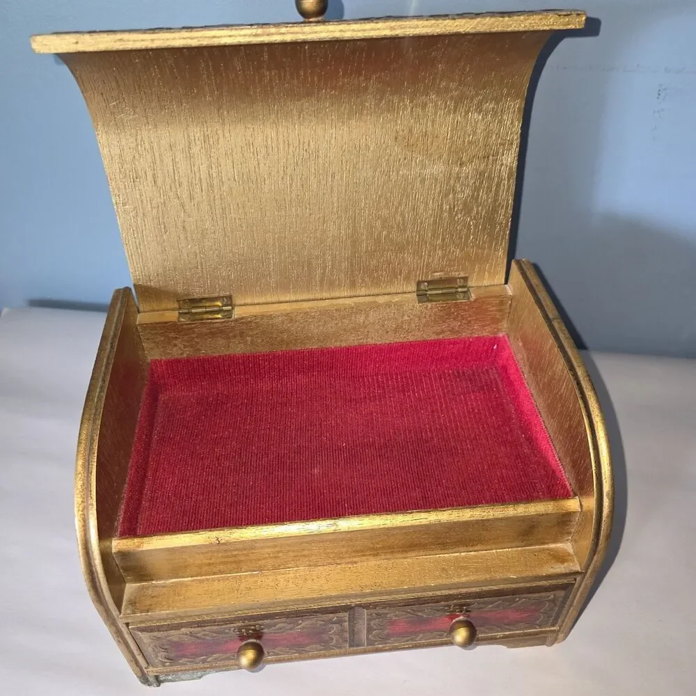 Vtg MIM Lador Japan Wooden Musical Jewelry Box Victorian Couple Sunrise Sunset